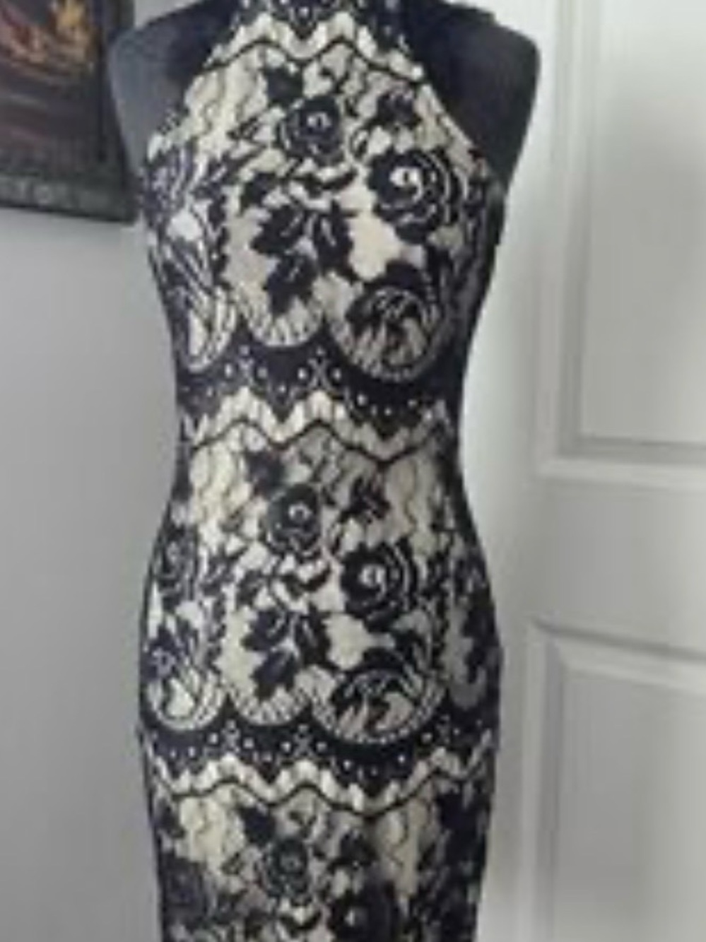 Sleeveless Black Lace Midi Dress with Cream Lining